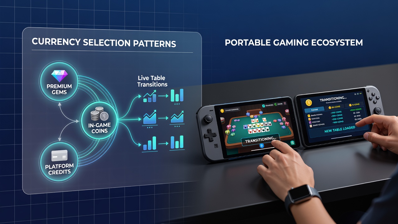 Darstellung von Live-Tisch-Übergängen mit Währungseffekten in portablen Gaming-Apps