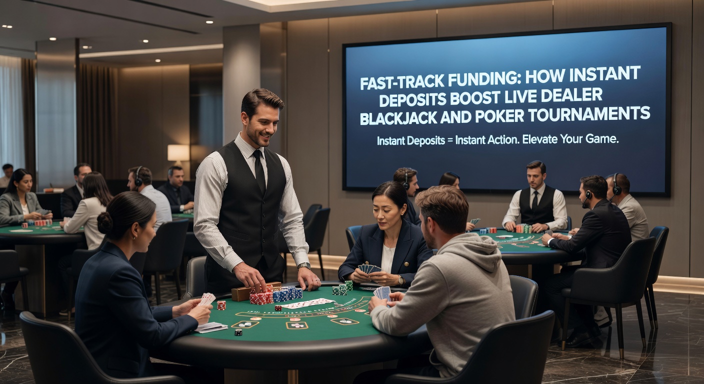 Live-Poker-Turnier-Szene mit Spielern am Tisch und Instant-Deposit-Symbolen auf dem Bildschirm