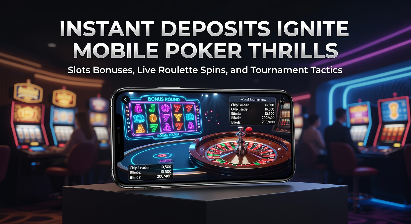 Smartphone mit laufender Poker-App, Sofort-Einzahlung und Slots-Boni im Vordergrund