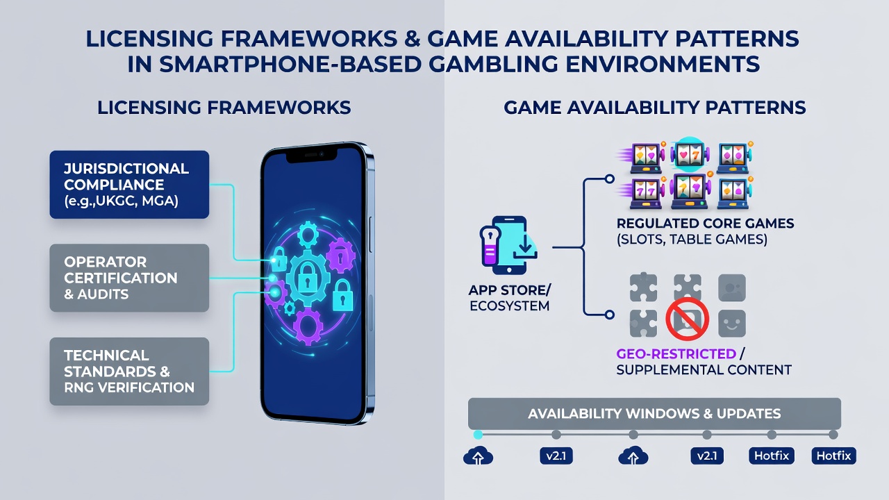 Diagramme und Daten zu Verfügbarkeitsmustern von Glücksspielen auf mobilen Geräten unter verschiedenen Lizenzsystemen