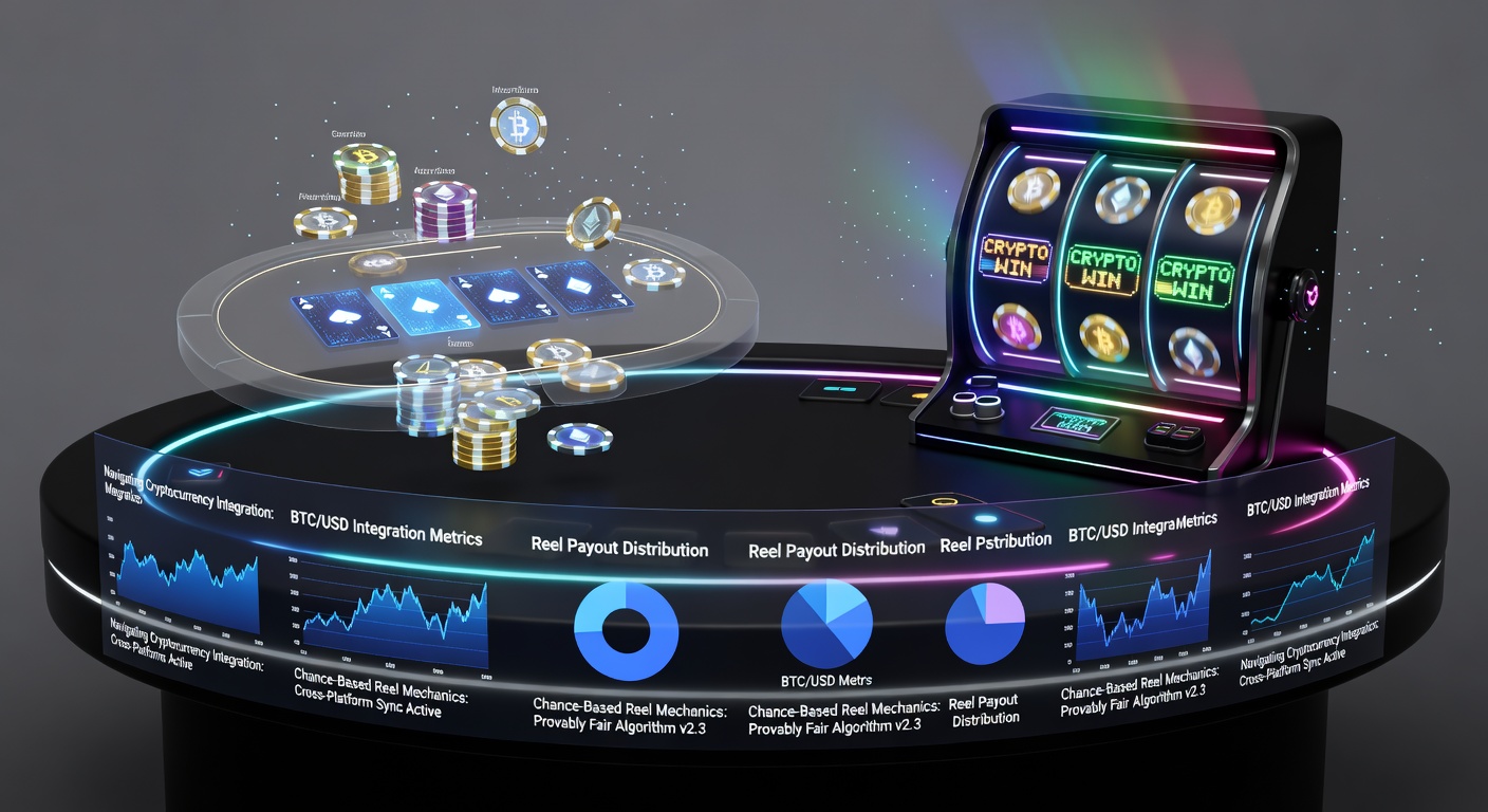 Walzenmechanik eines Online-Slots mit Kryptowährungsanzeige und Transaktionsbestätigung