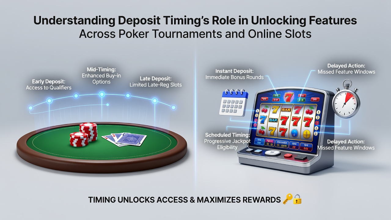 Visualisierung von Slot-Features und Poker-Elementen mit Einzahlungszeitachsen und Freischaltungsprozessen